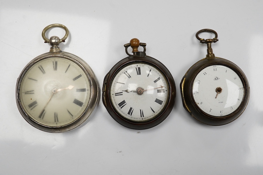 An early Victorian silver pair cased key wind verge pocket watch by Tho. Cogger, Hastings, outer case diameter 57mm, two other gilt metal pair cased pocket watches and a silver plated snuff box. Condition - poor